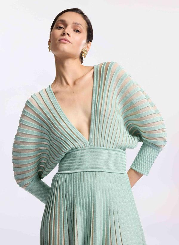 Elie Saab Knit Long Dress Blue Spruce-Sand Gazelle