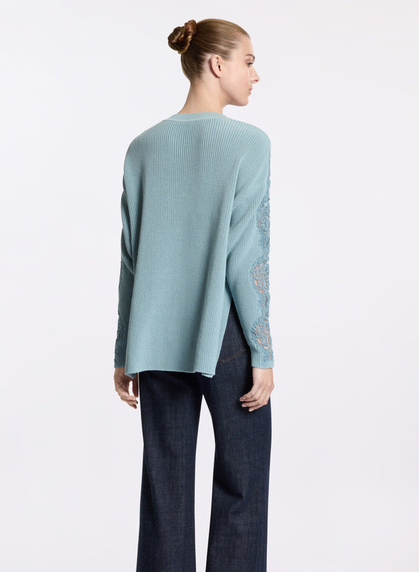 Elie Saab Knit Top With Lace Inserts Cerulean Blue