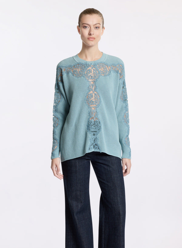 Elie Saab Knit Top With Lace Inserts Cerulean Blue