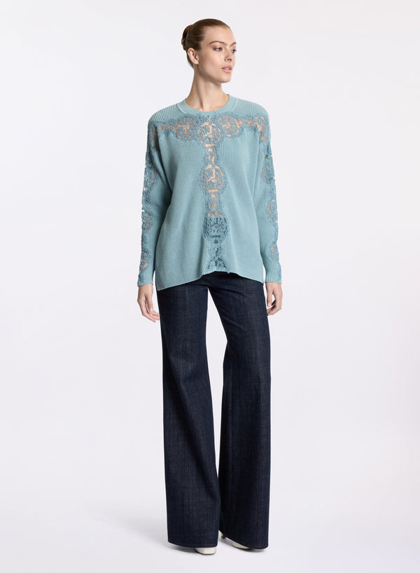 elie saab Knit top with lace inserts Cerulean Blue