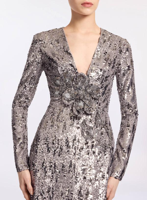 Elie Saab Long Sequin Dress Silver