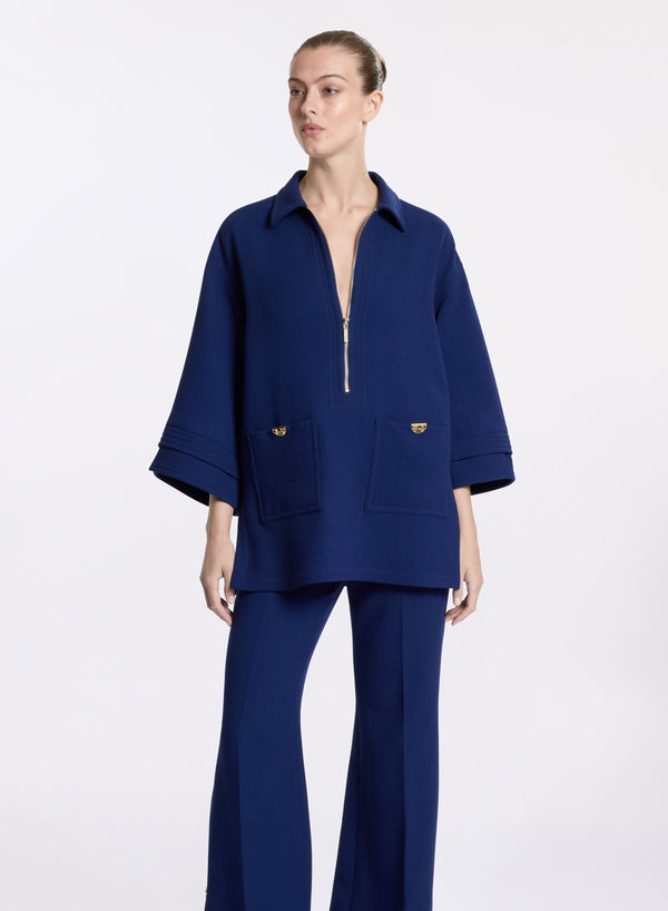 Elie Saab Oversized Wool Crepe Blouse Empire Blue