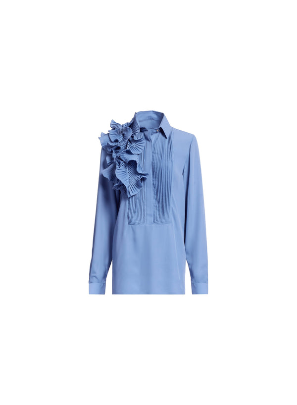 Elie Saab Pleated Ruffle Chiffon Shirt Orient Blue