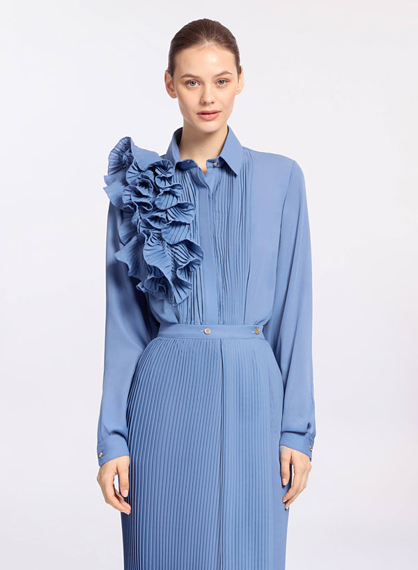 elie saab Pleated ruffle chiffon shirt Orient Blue