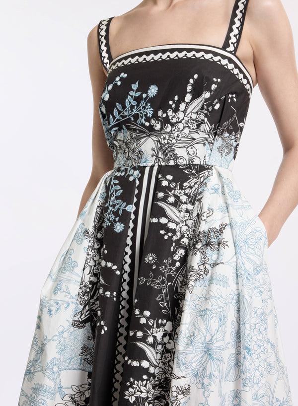 Elie Saab Printed Cotton Dress Black-White-Blue