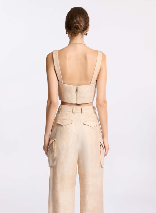 Elie Saab Printed Linen Crop Top Sand Gazelle