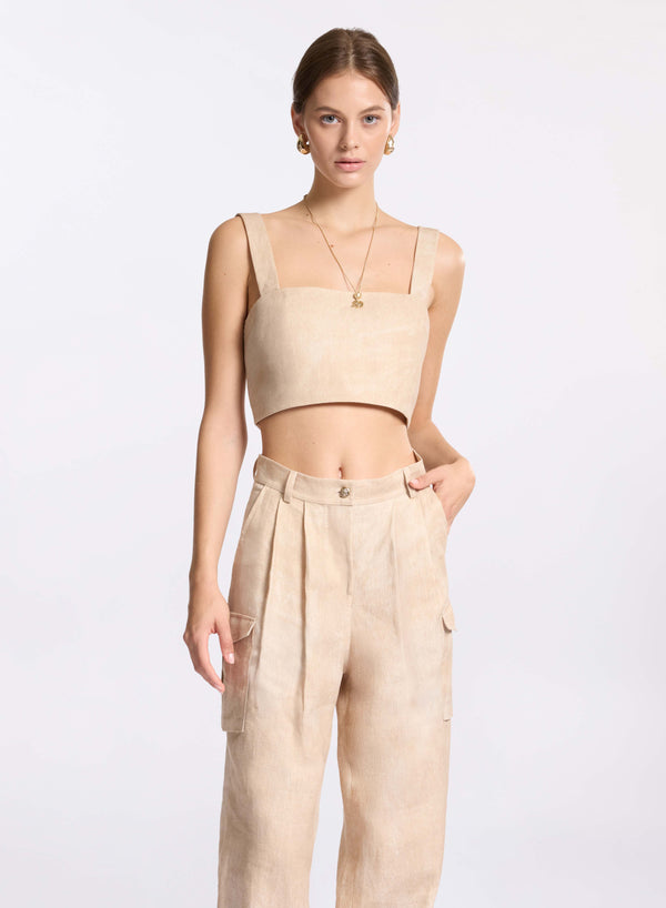 elie saab Printed linen crop top Sand Gazelle