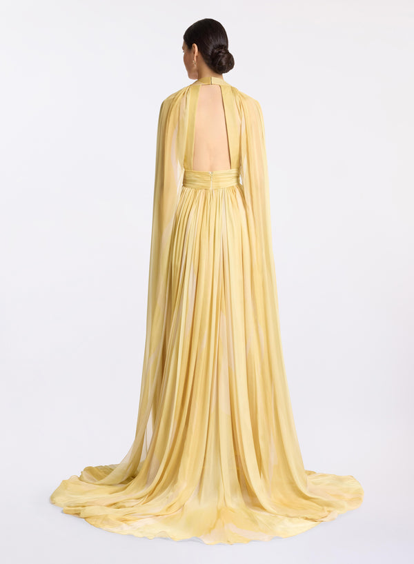 Elie Saab Printed Silk Long Dress Sand Gold