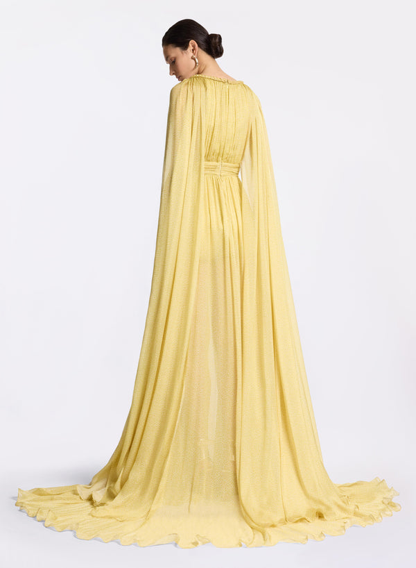 Elie Saab Printed Silk Long Dress Sand Gold