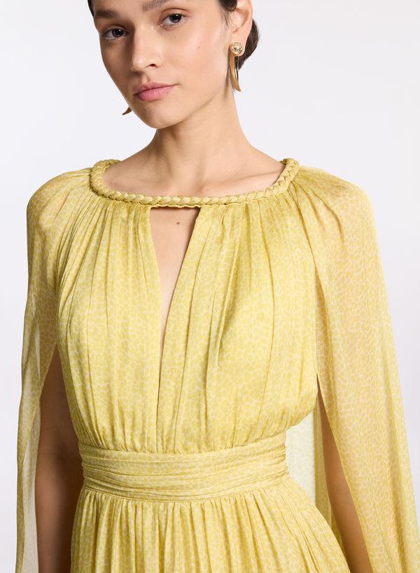 Elie Saab Printed Silk Long Dress Sand Gold