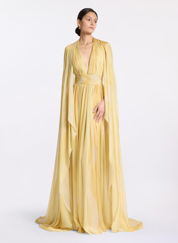 elie saab Printed silk long dress Sand Gold