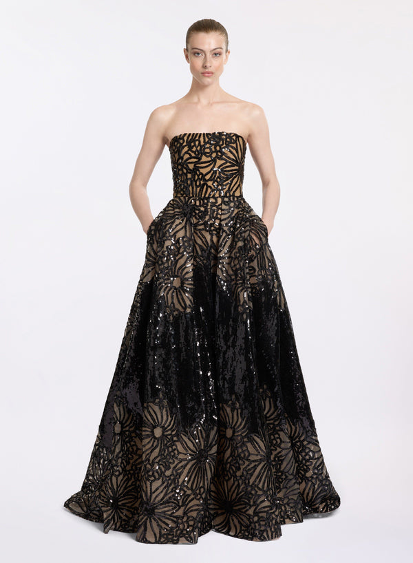 elie saab Sequin embroidered long dress Black