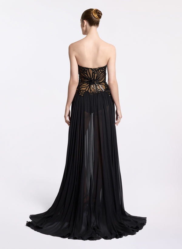 Elie Saab Sequin Embroidered Silk Dress Black