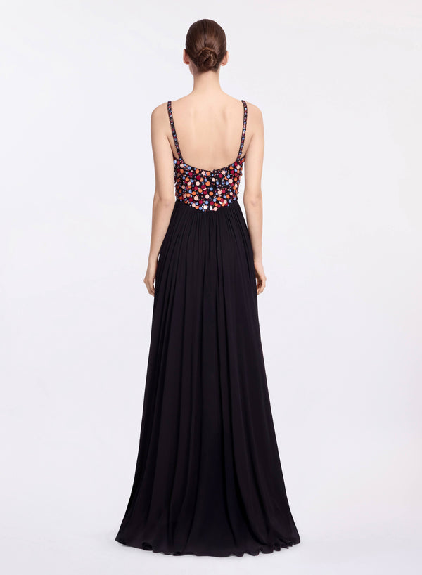 Elie Saab Sequin Embroidered Silk Long Dress Black