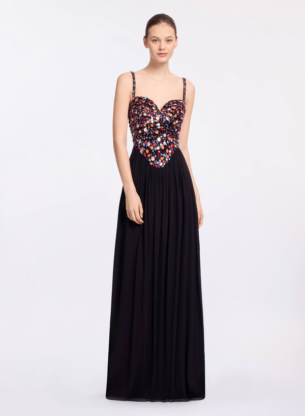 elie saab Sequin embroidered silk long dress Black