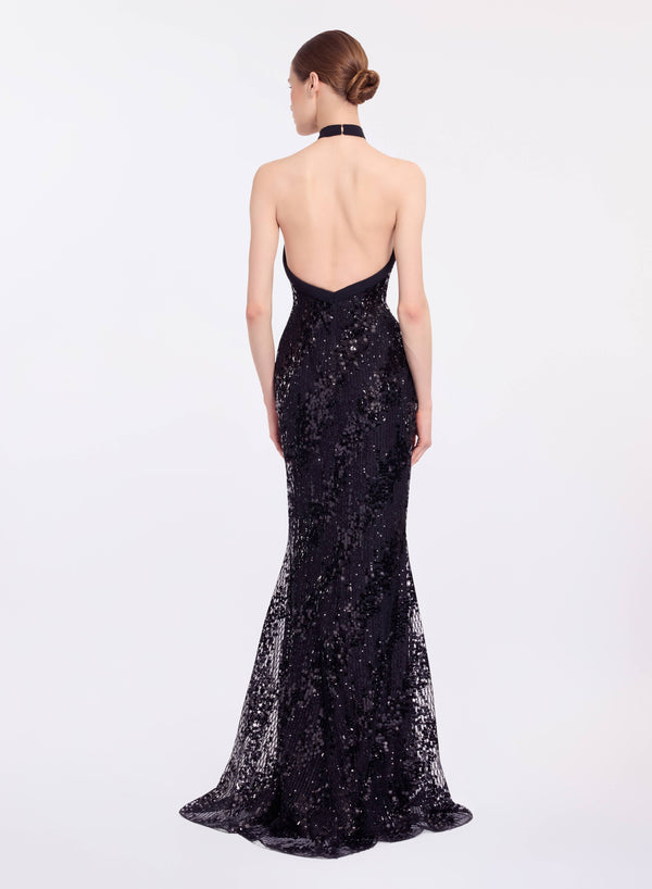 Elie Saab Sequins Halter Long Dress Black