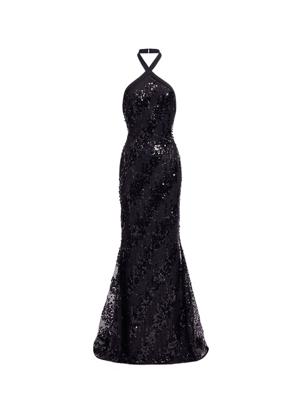 Elie Saab Sequins Halter Long Dress Black