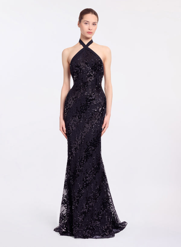 elie saab Sequins halter long dress Black