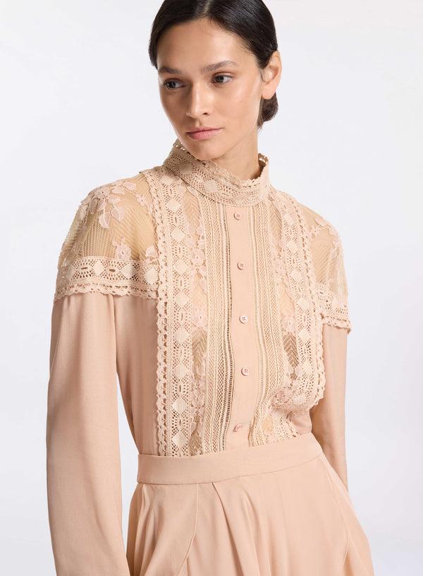 Elie Saab Silk And Lace Blouse Sand Gazelle