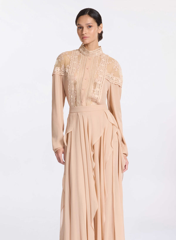 Elie Saab Silk And Lace Blouse Sand Gazelle