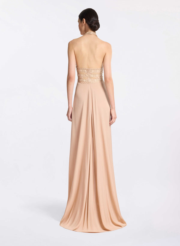 Elie Saab Silk And Lace Long Dress Sand Gazelle