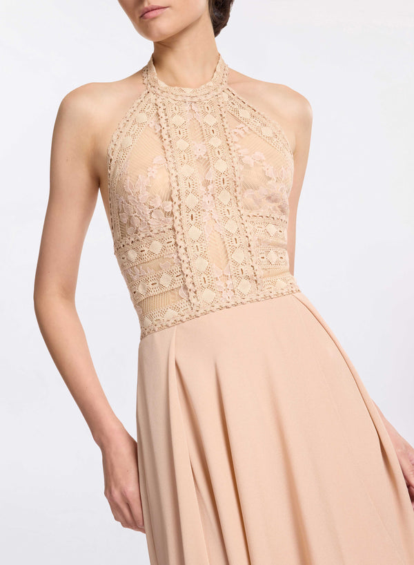 Elie Saab Silk And Lace Long Dress Sand Gazelle