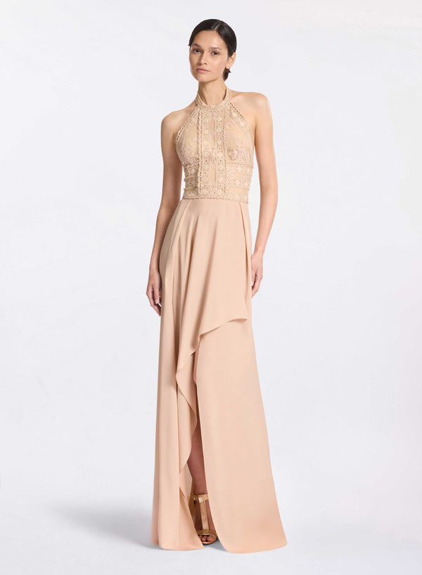 elie saab Silk and lace long dress Sand Gazelle