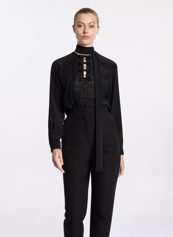 Elie Saab Silk & Macramé Blouse Black