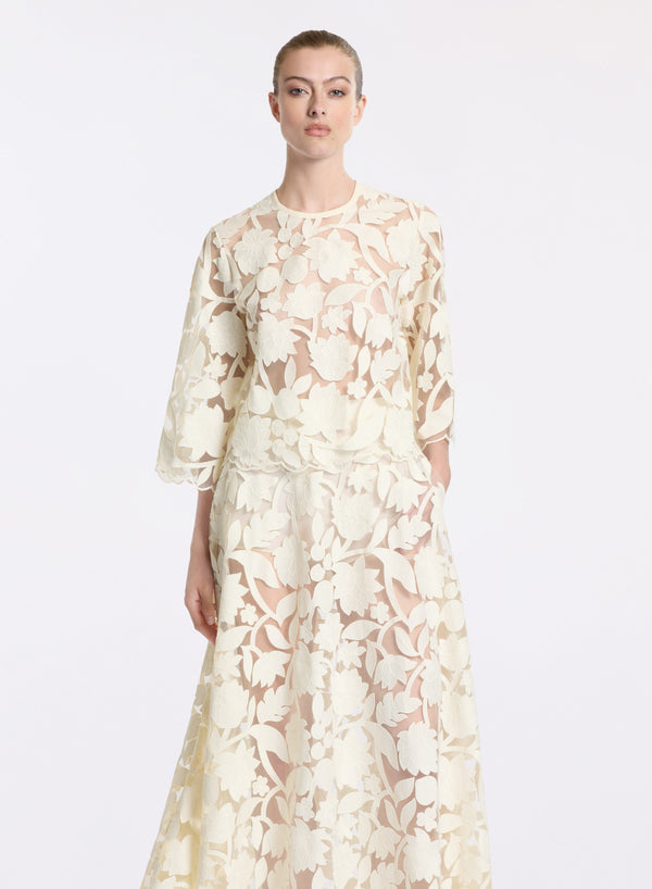 Elie Saab Tulle Embroidered Blouse Off White