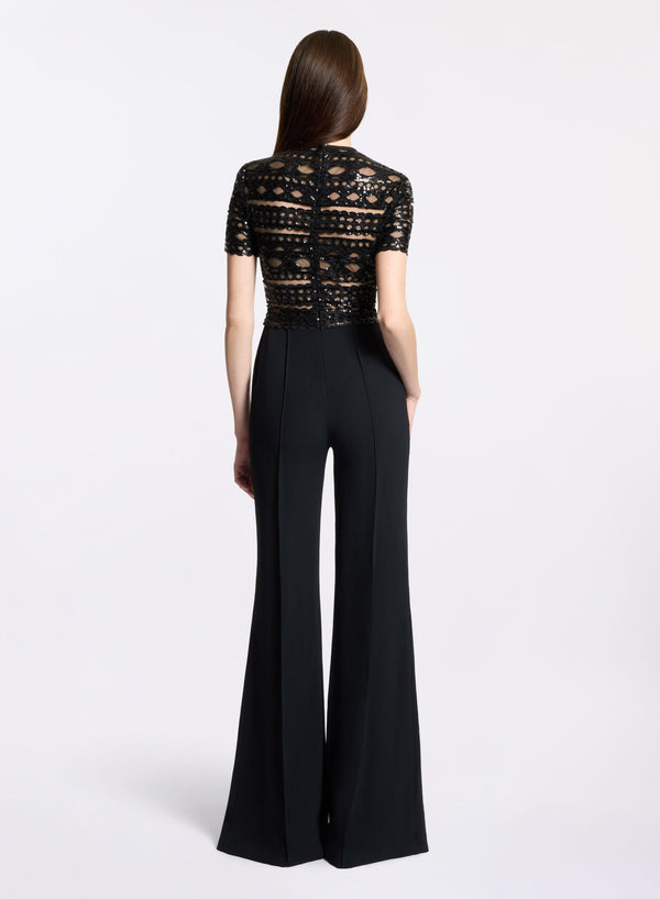 Elie Saab Tulle Embroidered Cady Jumpsuit Black