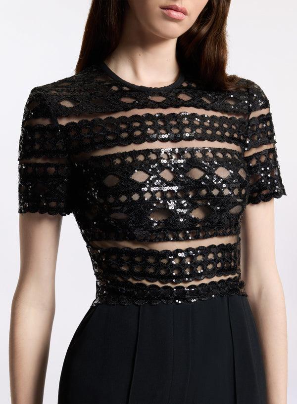 Elie Saab Tulle Embroidered Cady Jumpsuit Black