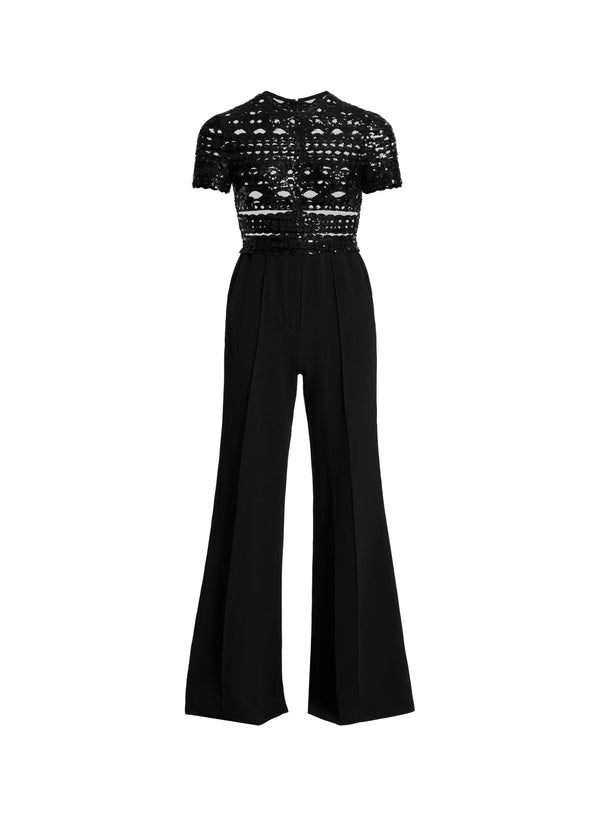 Elie Saab Tulle Embroidered Cady Jumpsuit Black