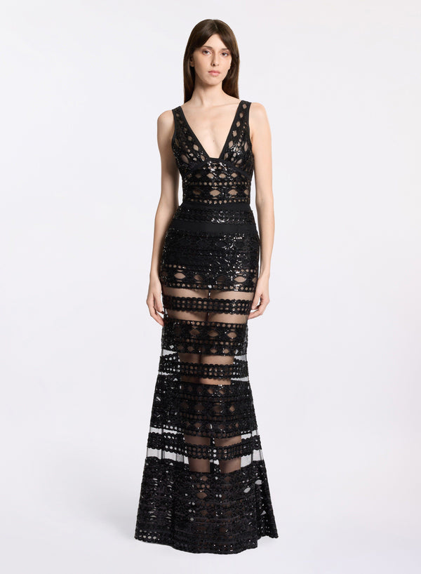 elie saab Tulle embroidered long dress Black