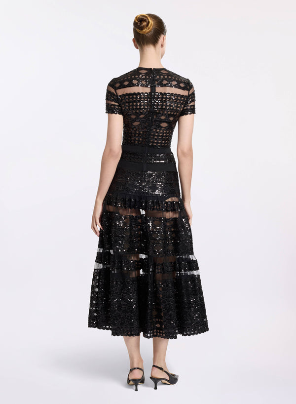 Elie Saab Tulle Embroidered Midi Dress Black