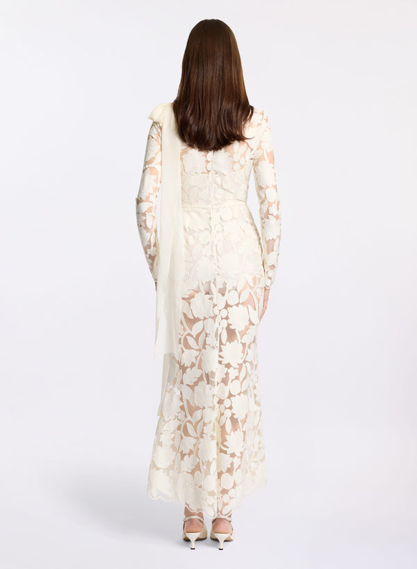 Elie Saab Tulle Embroidered Midi Dress Off White