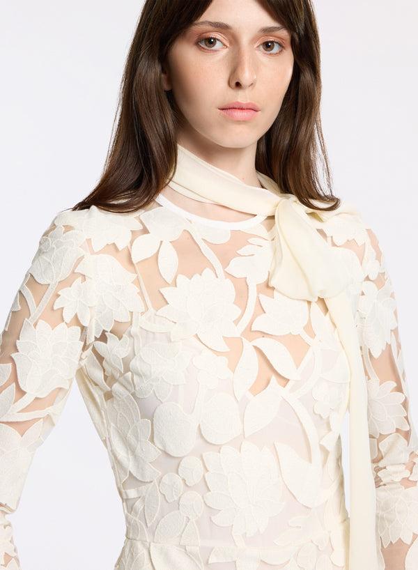 Elie Saab Tulle Embroidered Midi Dress Off White