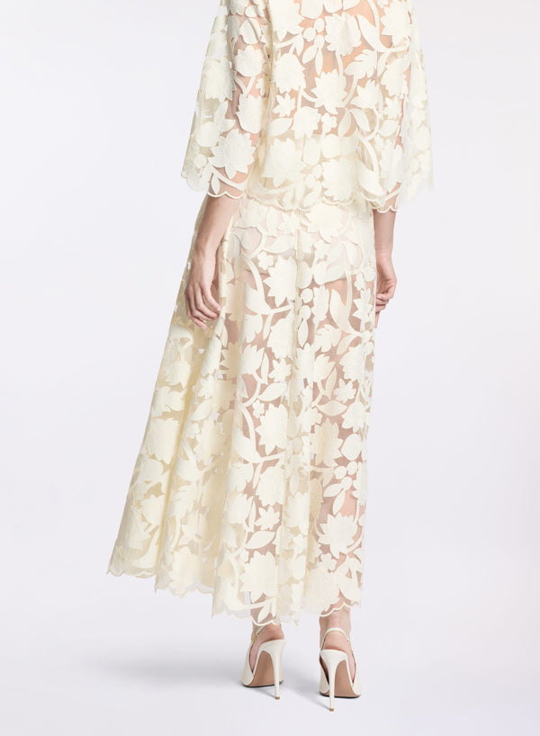 Elie Saab Tulle Embroidered Midi Skirt Off White