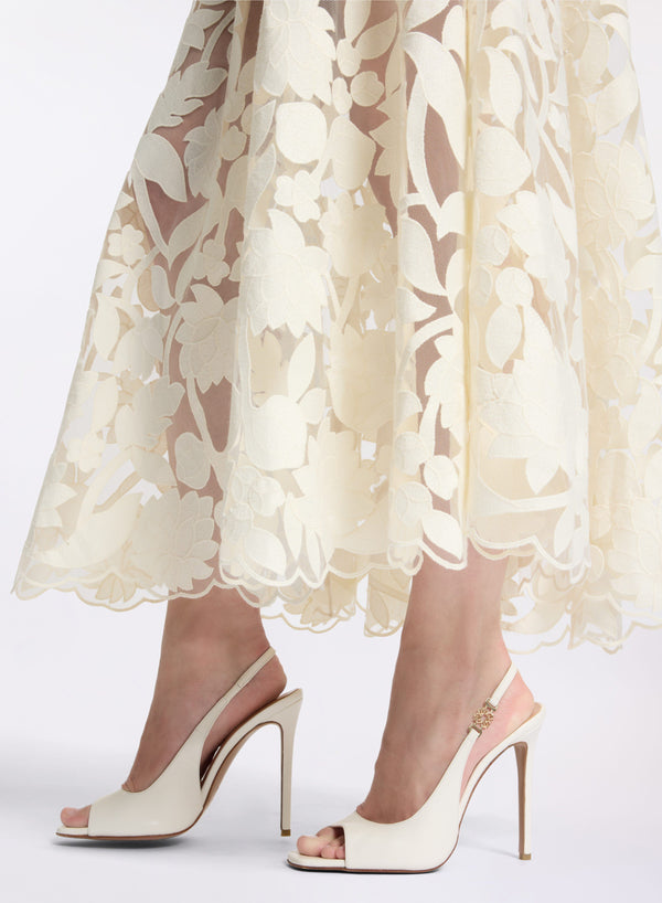 Elie Saab Tulle Embroidered Midi Skirt Off White