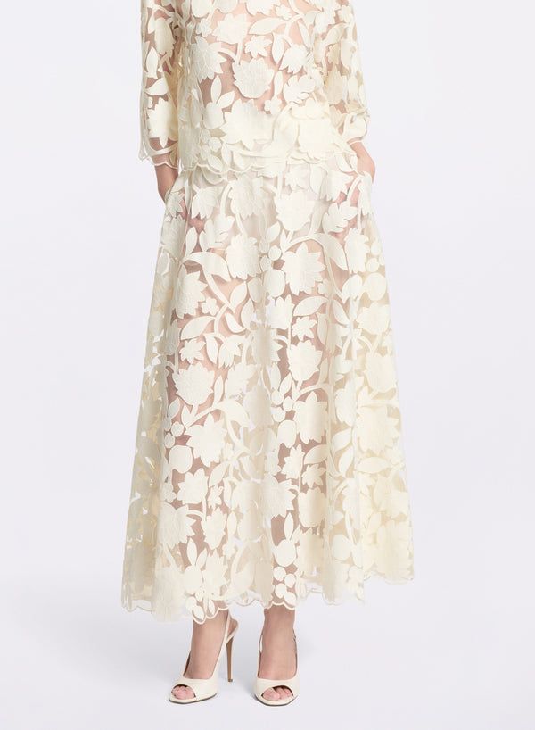 Elie Saab Tulle Embroidered Midi Skirt Off White