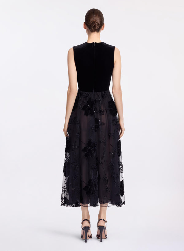 Elie Saab Velvet Embroidered Midi Dress Black