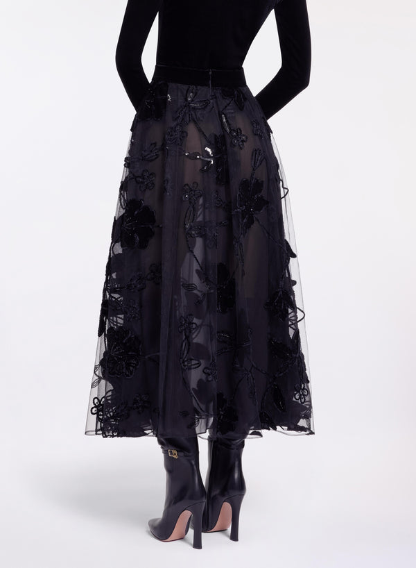 Elie Saab Velvet Embroidered Midi Skirt Black
