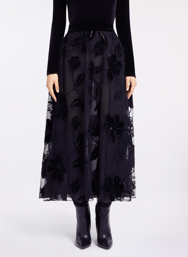Elie Saab Velvet Embroidered Midi Skirt Black