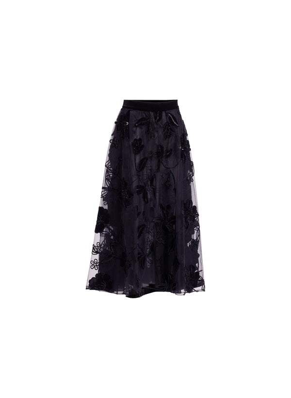 Elie Saab Velvet Embroidered Midi Skirt Black