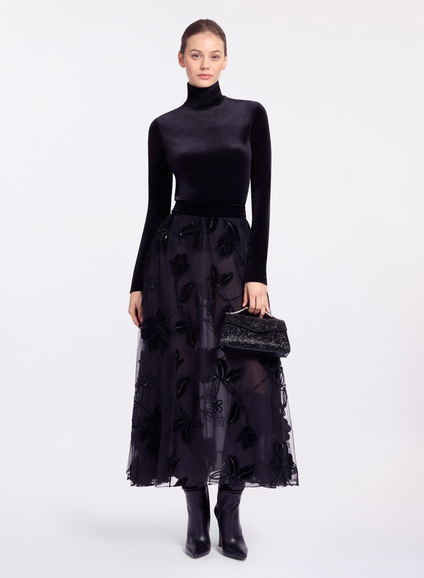 elie saab Velvet embroidered midi skirt Black