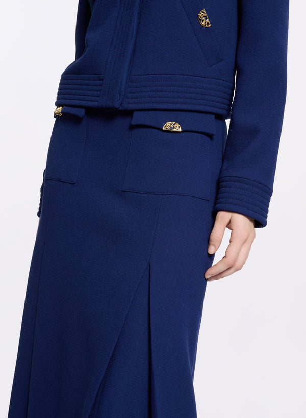 Elie Saab Wool Crepe Midi Skirt Empire Blue
