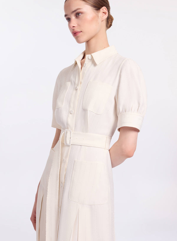 Elie Saab Embellished Pinstripe Midi Dress Powder White
