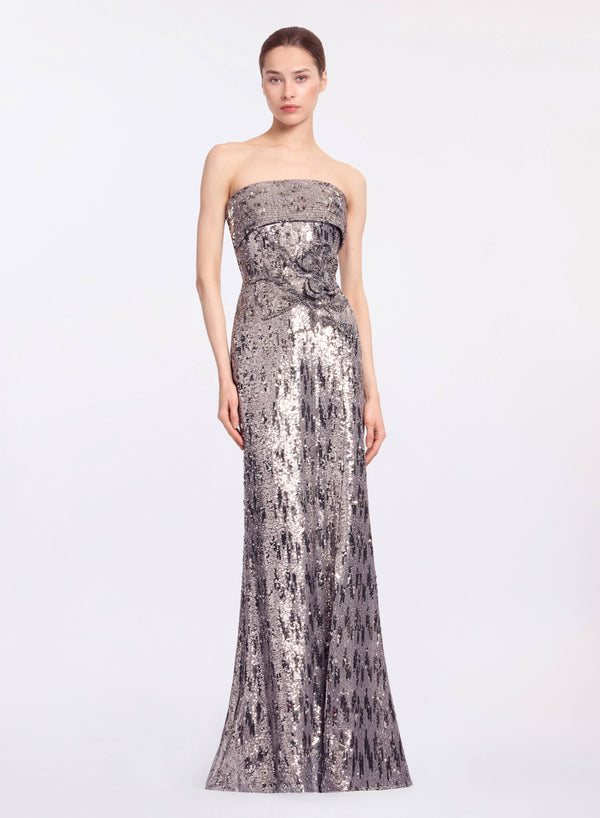elie saab Embellished sequins strapless gown Silver