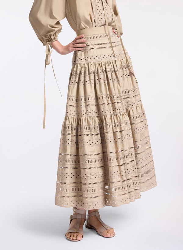 Elie Saab Embroidered Cotton Midi Skirt Elephant Grey