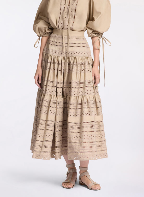 elie saab Embroidered cotton midi skirt Elephant Grey