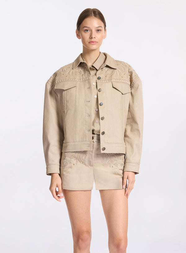 elie saab Embroidered gabardine jacket Elephant Grey
